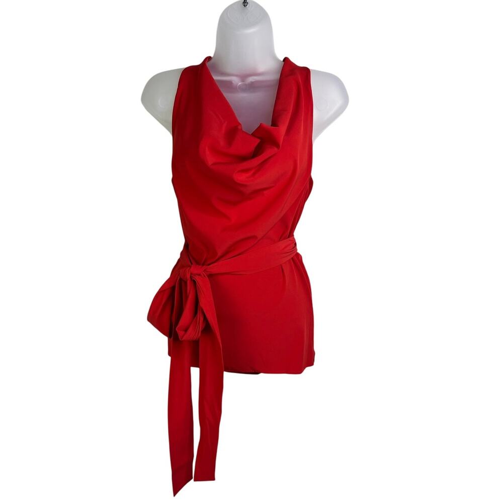 Ann Taylor‎ Top Wns Sz 2 Cowl Neck Red Sleeveless Tie Waist Classic